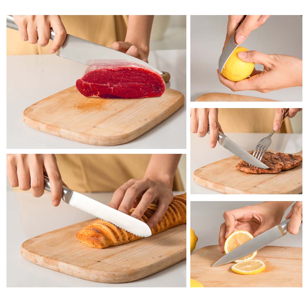 16 részes rozsdamentes késkészlet fa tartóban, élezővel, ollóval-4