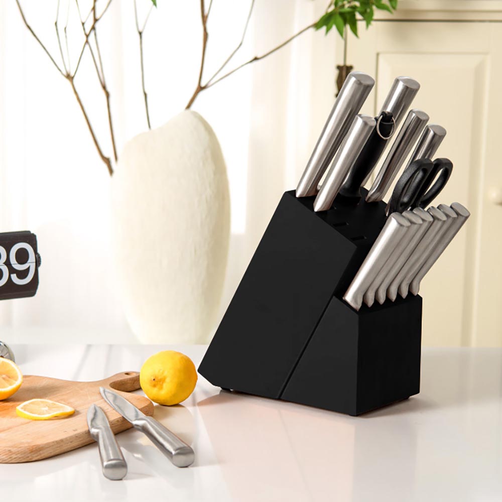 16 részes rozsdamentes késkészlet fa tartóban, élezővel, ollóval-1